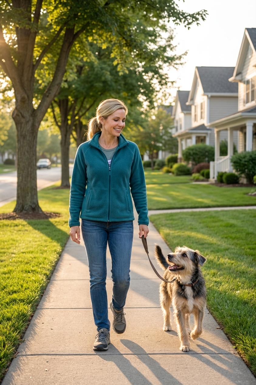 An older adult walking a newly adopted dog on a quiet neighborhood sidewalk during morning light, real photography style
