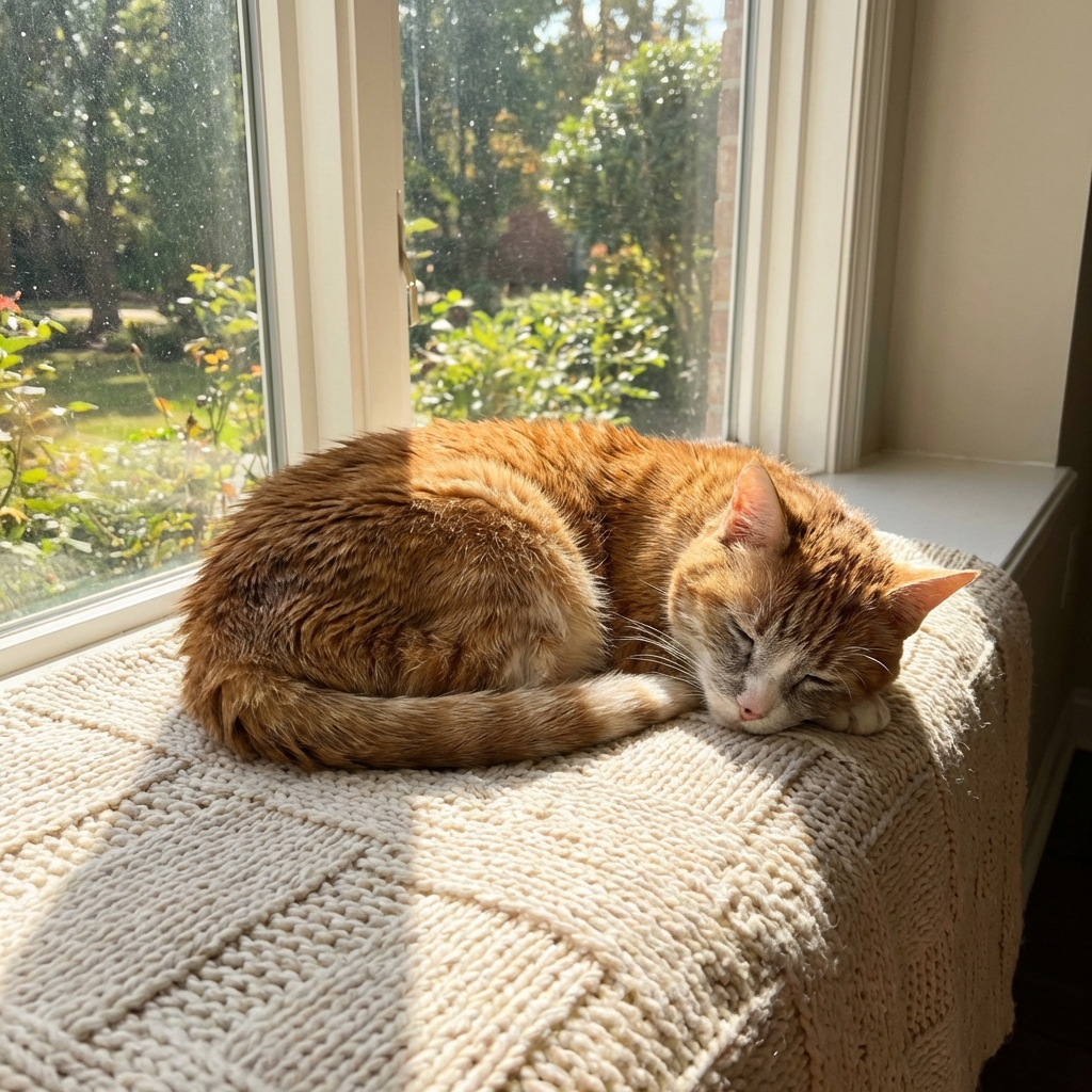 An older cat resting on a soft blanket near a sunny window