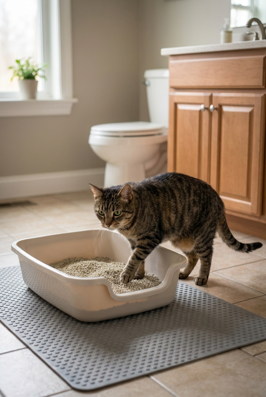 An older cat stepping into a low-entry litter box on a non-slip mat