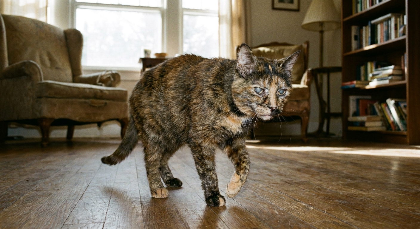 An older cat walking slowly across a living room floor with one front paw slightly lifted, suggesting discomfort