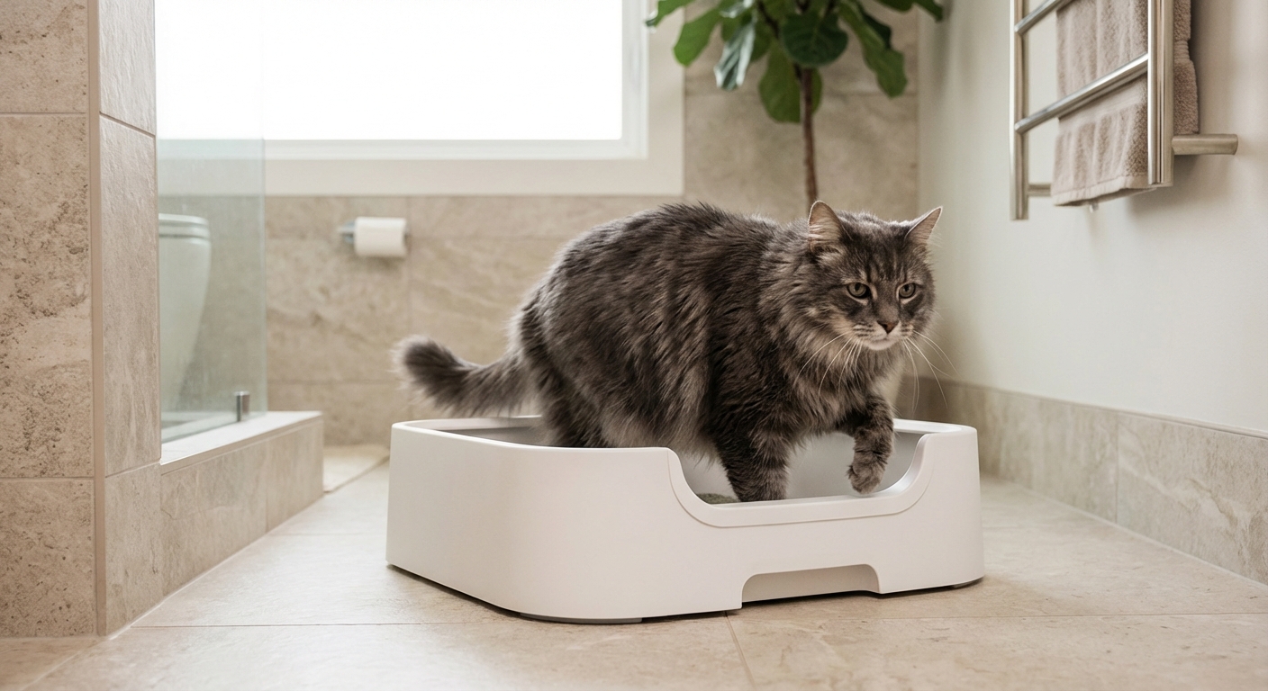 An older cat with gray fur stepping into a low-entry litter box on a bathroom floor