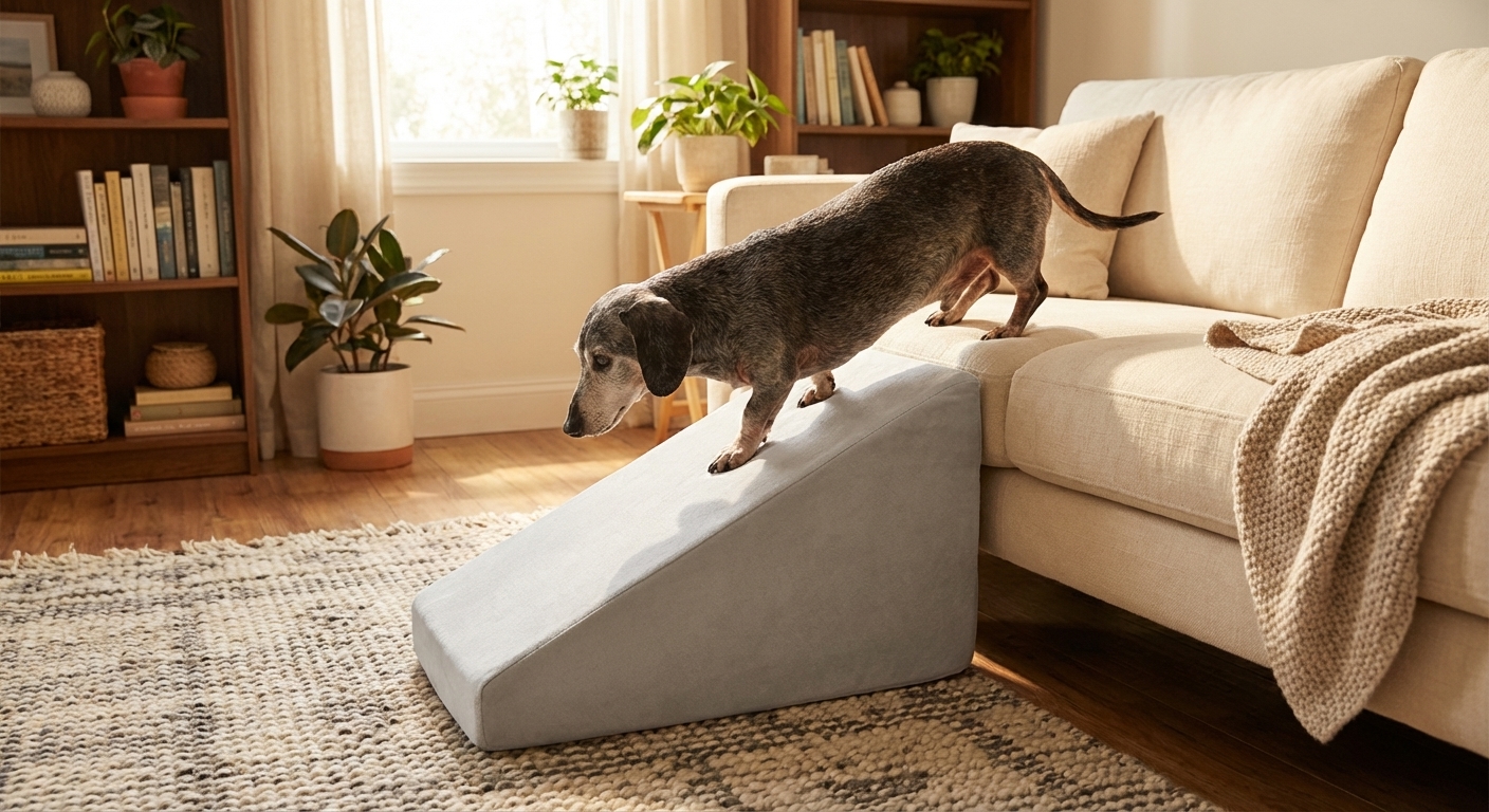 An older dachshund walking carefully up a small foam ramp to a couch in a cozy living room with non slip rugs