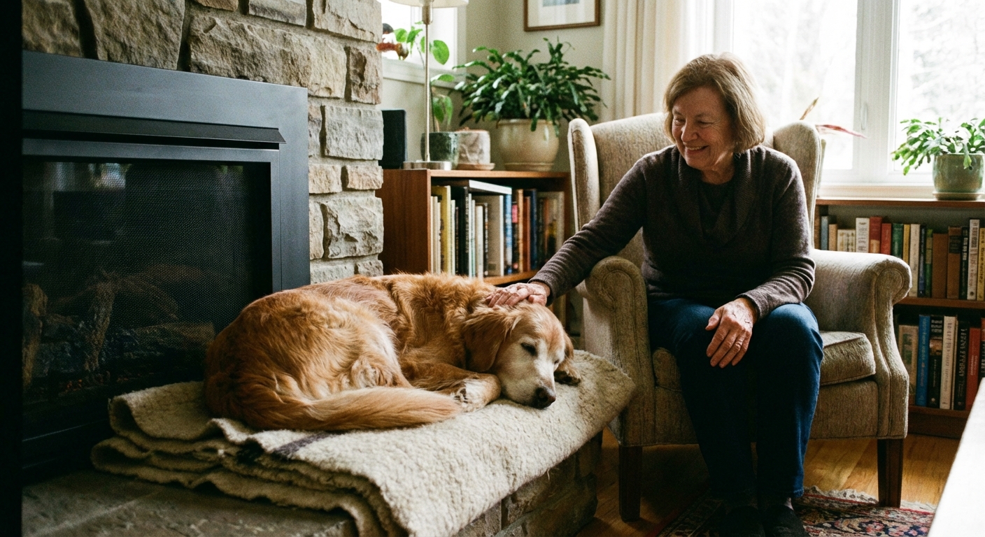 An older dog lying on a cozy blanket while a family member sits nearby with a gentle hand on the dog's shoulder