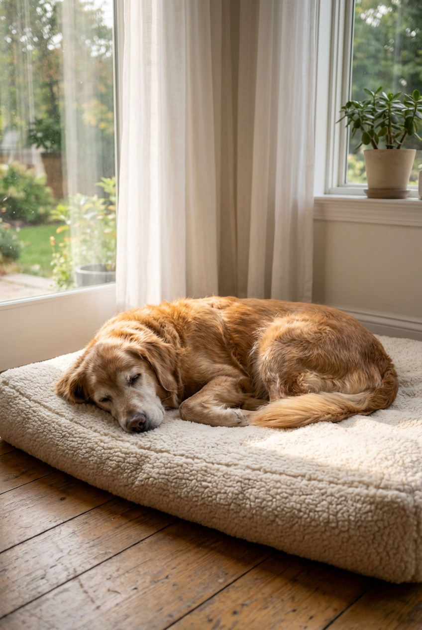 An older dog lying on a soft dog bed near a window with gentle daylight