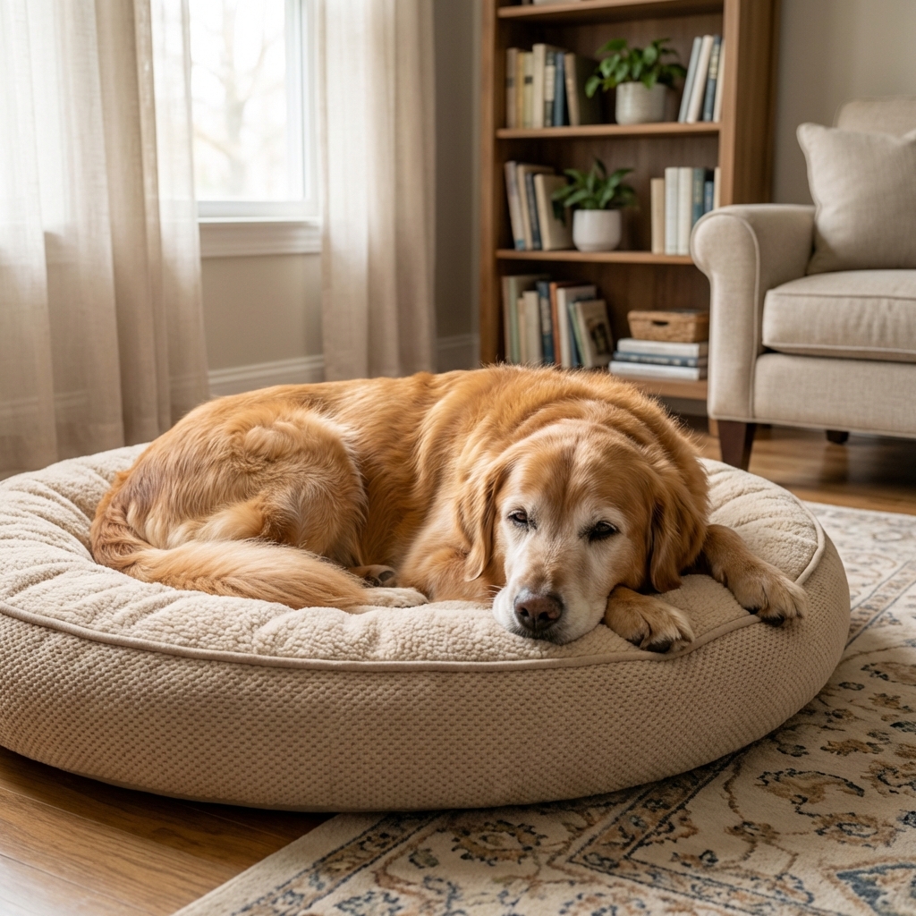 An older dog lying on a supportive orthopedic dog bed in a quiet room