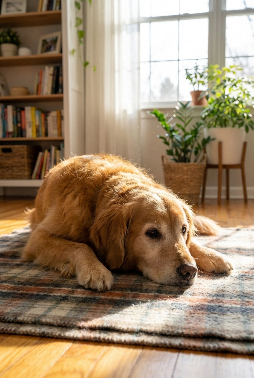 An older dog resting comfortably on a living room rug while sunlight comes through a window