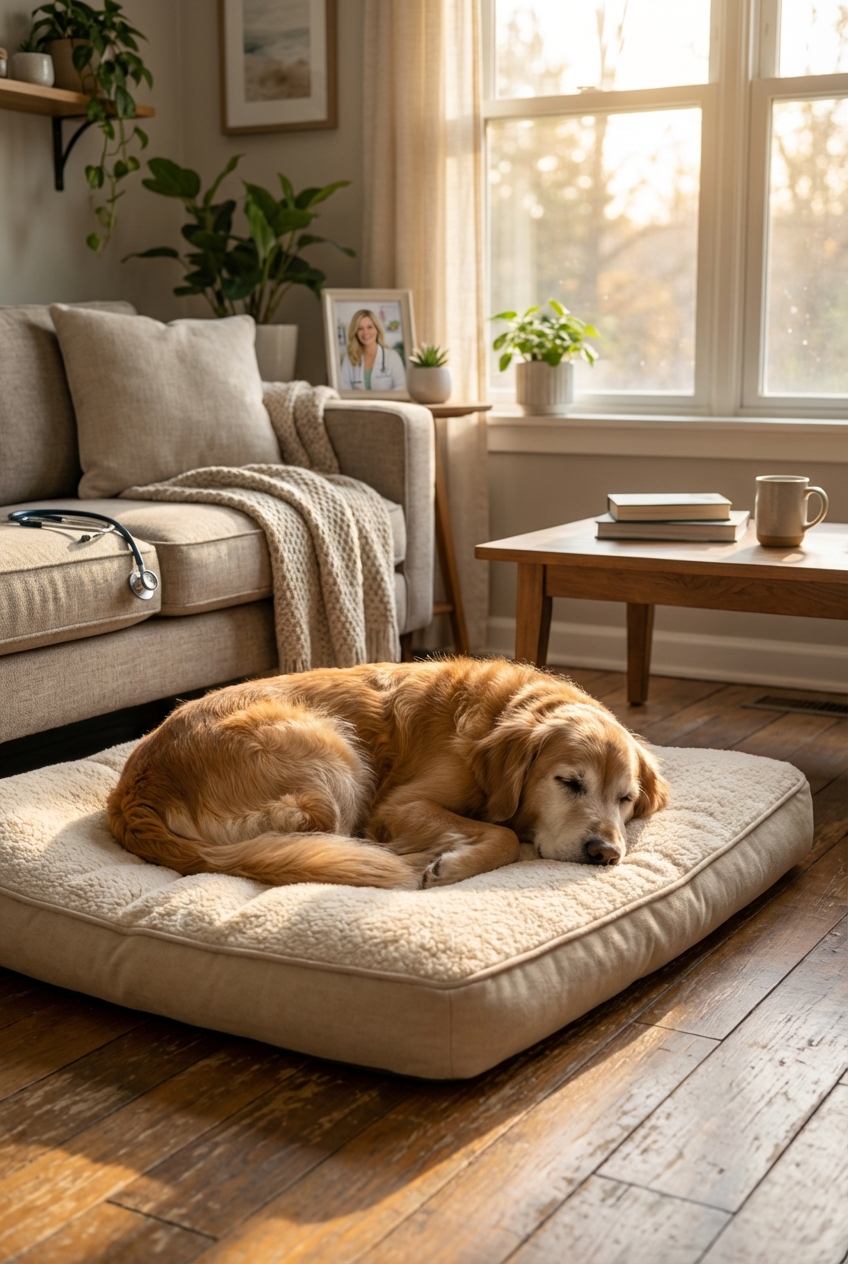 An older dog resting comfortably on a soft bed in a sunlit living room