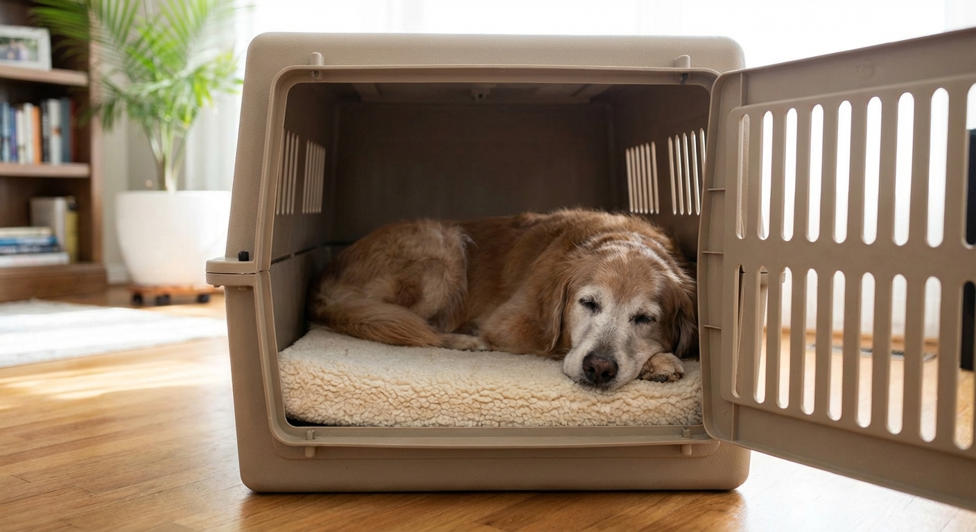 An older dog resting comfortably on a thick orthopedic mat inside an open plastic crate