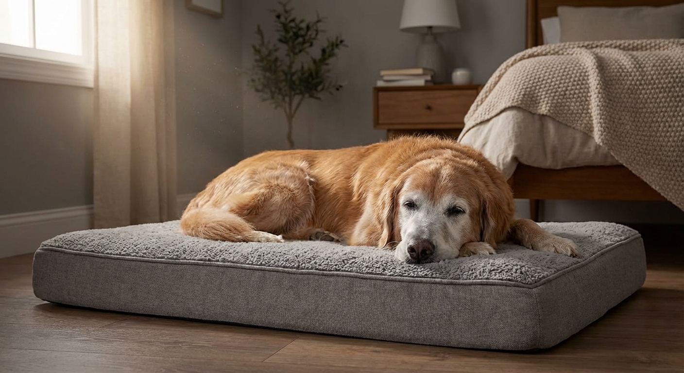 An older dog resting on an orthopedic bed in a quiet bedroom with soft lighting