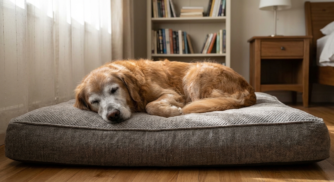 An older dog sleeping on a thick orthopedic dog bed in a quiet bedroom
