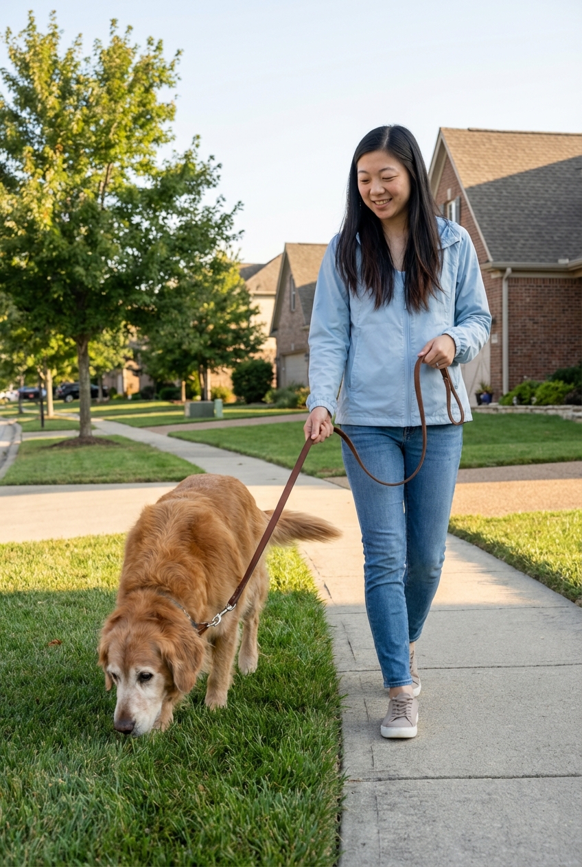An older dog sniffing grass on a leash during a calm neighborhood walk