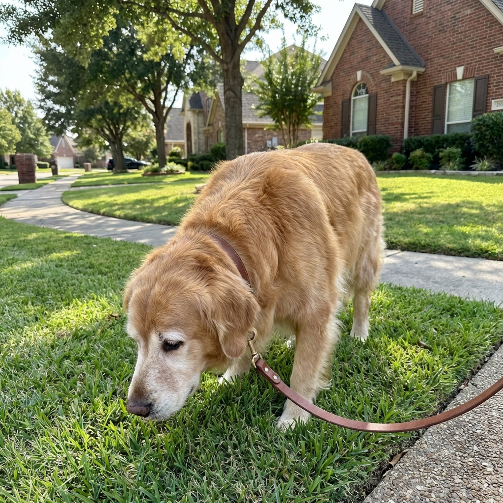 An older dog sniffing grass on a leash during a quiet neighborhood walk in daylight