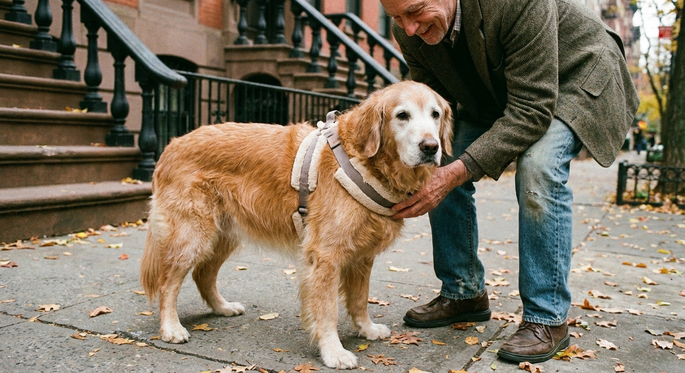 An older dog standing on a sidewalk with a gentle supportive harness held by its owner