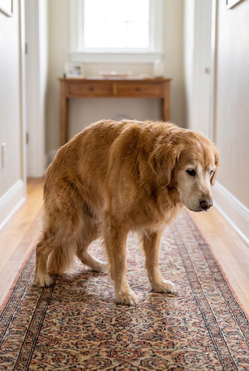 An older dog standing slowly on a rug in a hallway with a slightly hunched posture