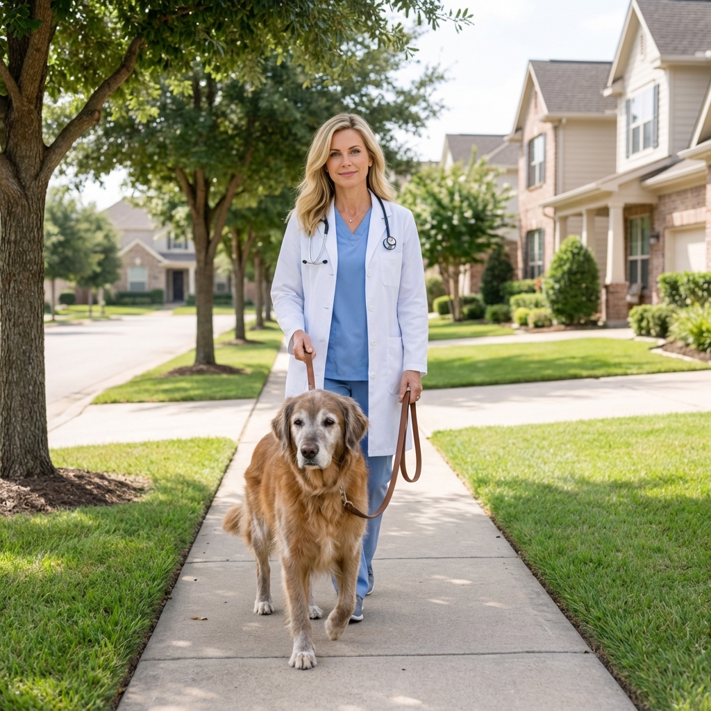 An older dog walking calmly on a leash beside an owner on a quiet neighborhood sidewalk