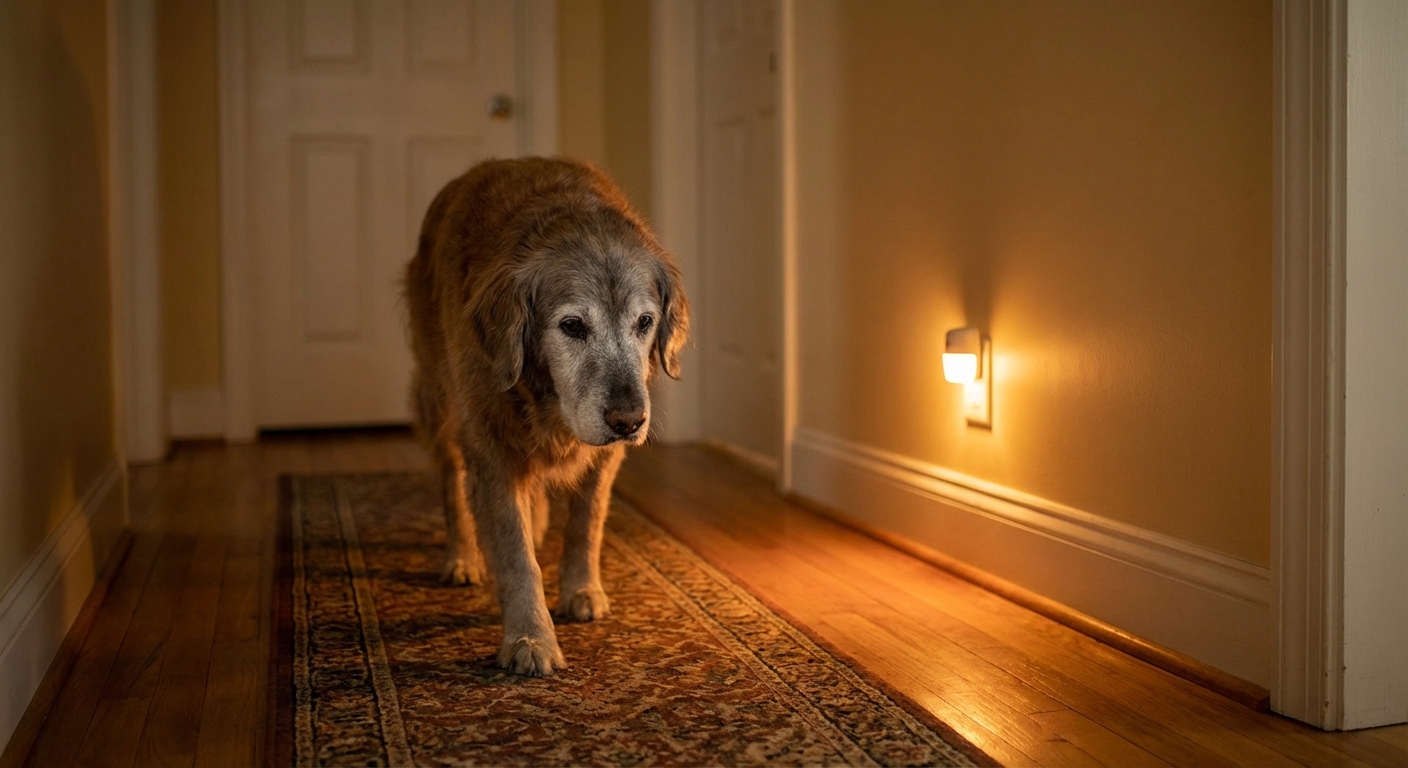 An older dog walking on a hallway runner rug with a small night light glowing in the background