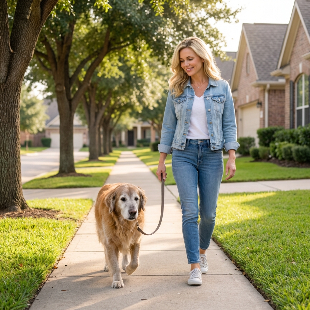 An older dog walking slowly on a leash with an owner on a quiet sidewalk in a neighborhood