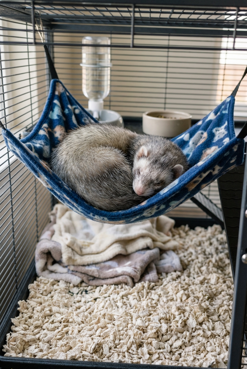 An older ferret resting in a fleece hammock inside a cage with soft bedding