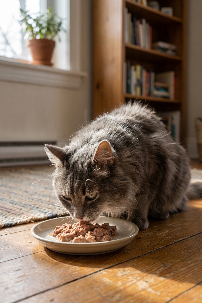An older gray cat eating wet food from a shallow dish in a quiet home setting, real photography style
