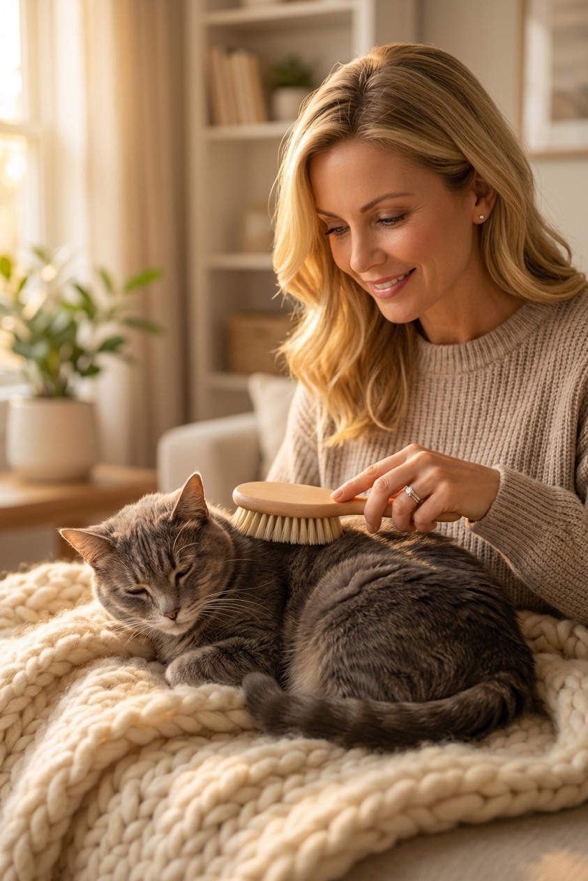 An older gray cat lying on a blanket while a person gently brushes its back with a soft cat brush, warm indoor lighting, realistic photography