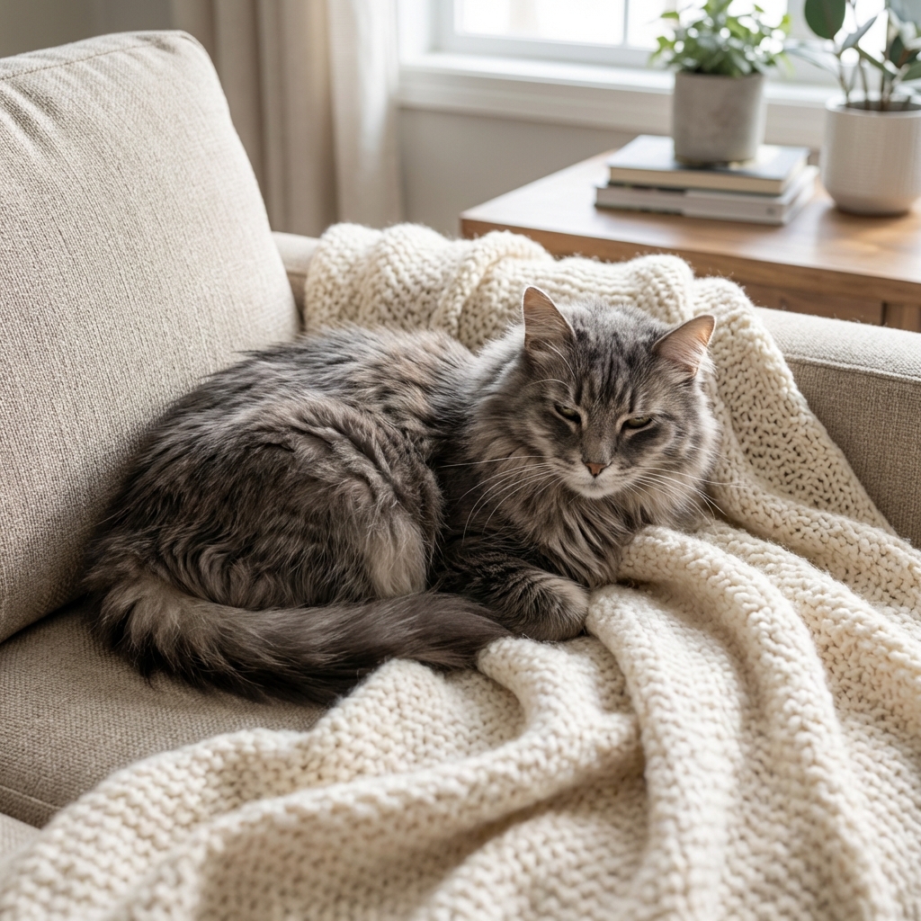 An older gray cat resting comfortably on a soft blanket on a couch
