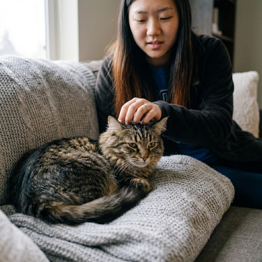 An older gray cat resting on a blanket while a person gently pets its head