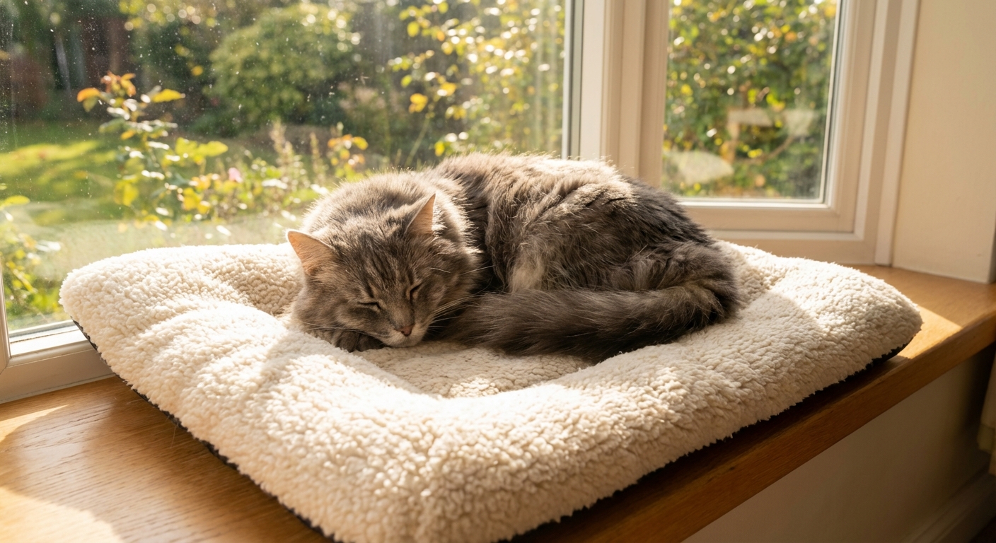 An older gray cat resting on a soft bed near a sunny window