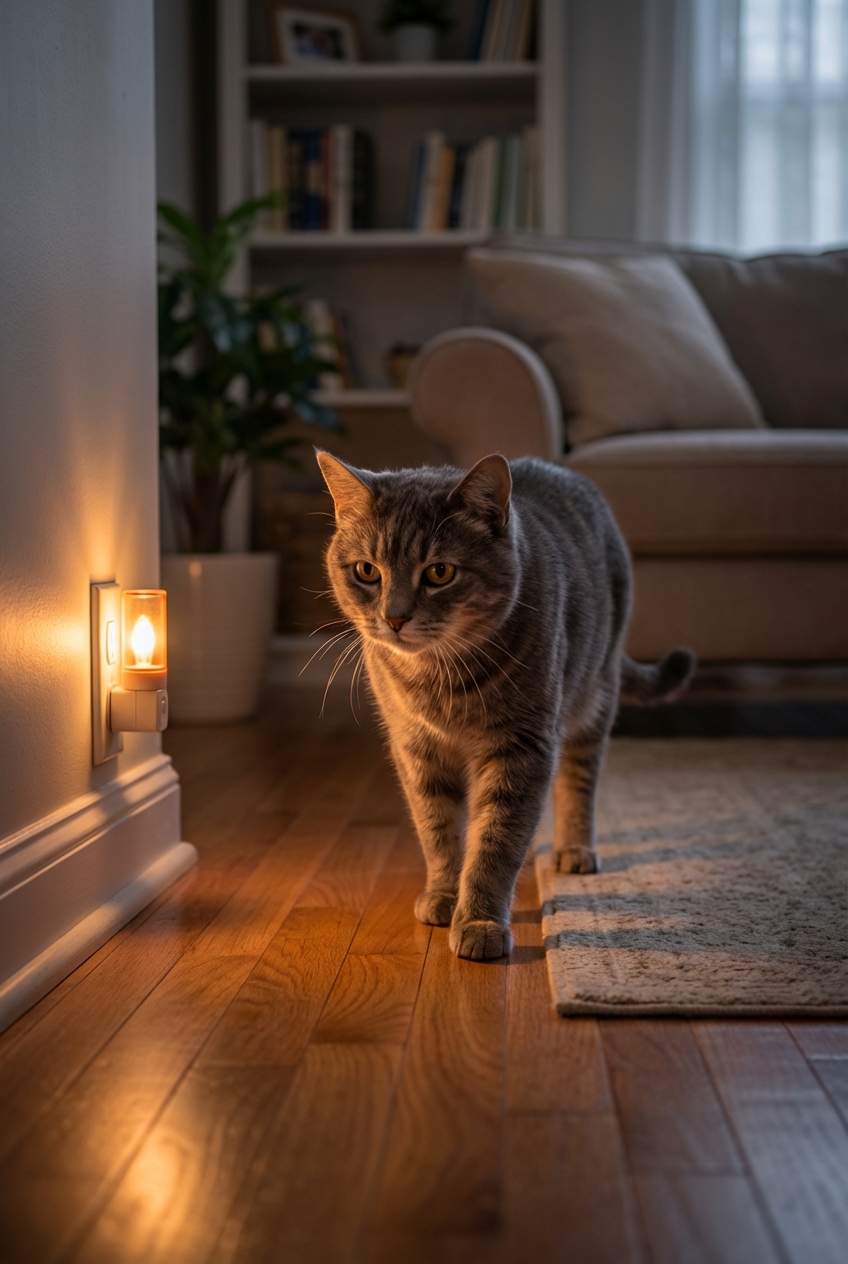 An older gray cat walking calmly through a living room with a small night light glowing on the floor
