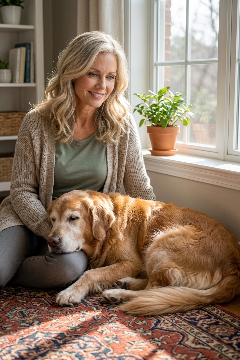 An older large-breed dog resting on a rug near a window