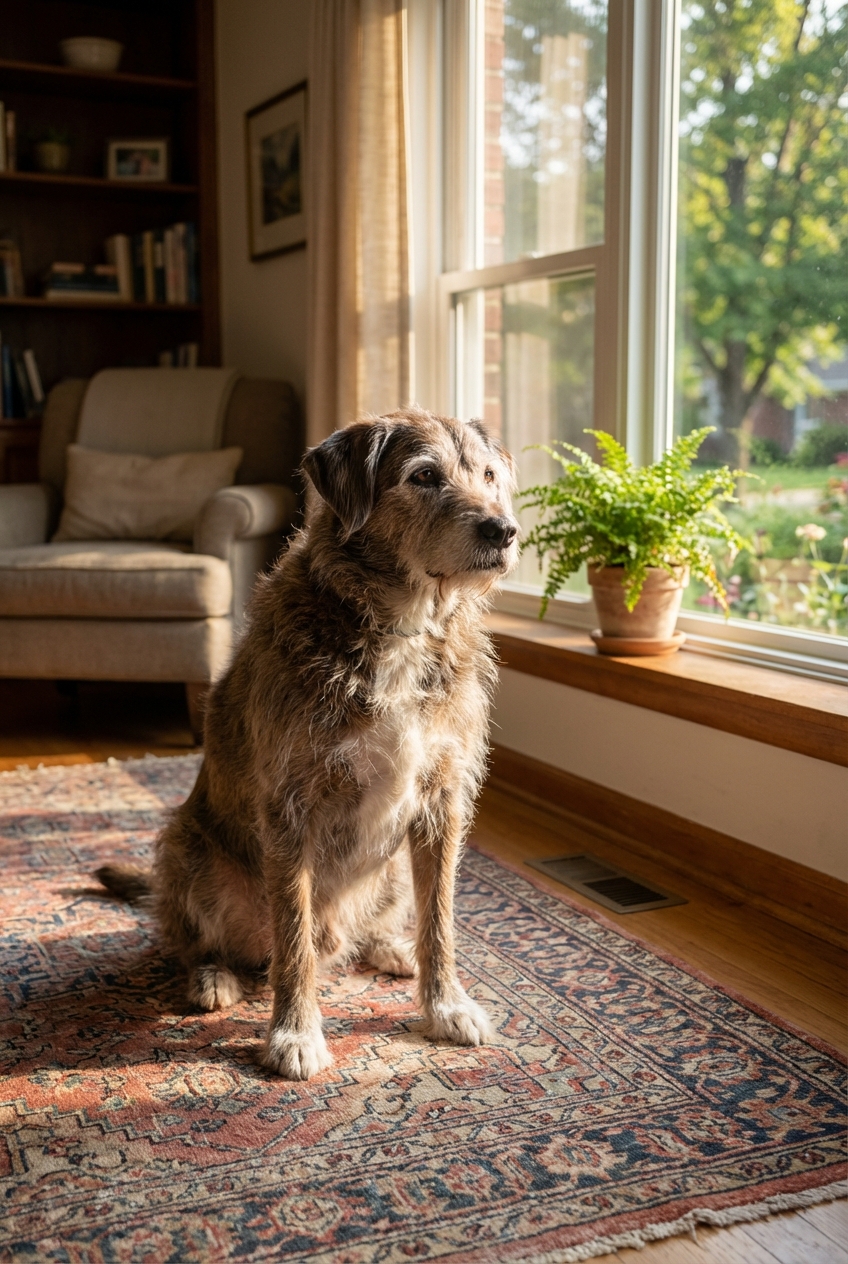 An older mixed-breed dog sitting calmly on a living room rug near a sunlit window
