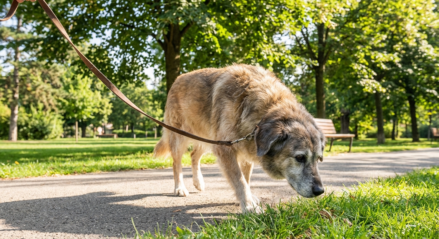 An older mixed-breed dog walking slowly on a leash at a park on a sunny day