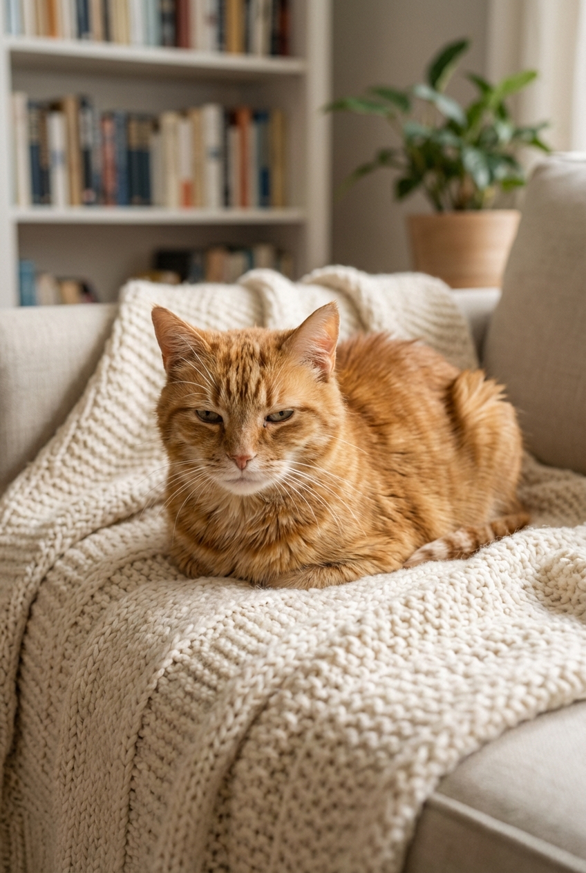 An older orange cat loafing on a soft blanket in a quiet living room