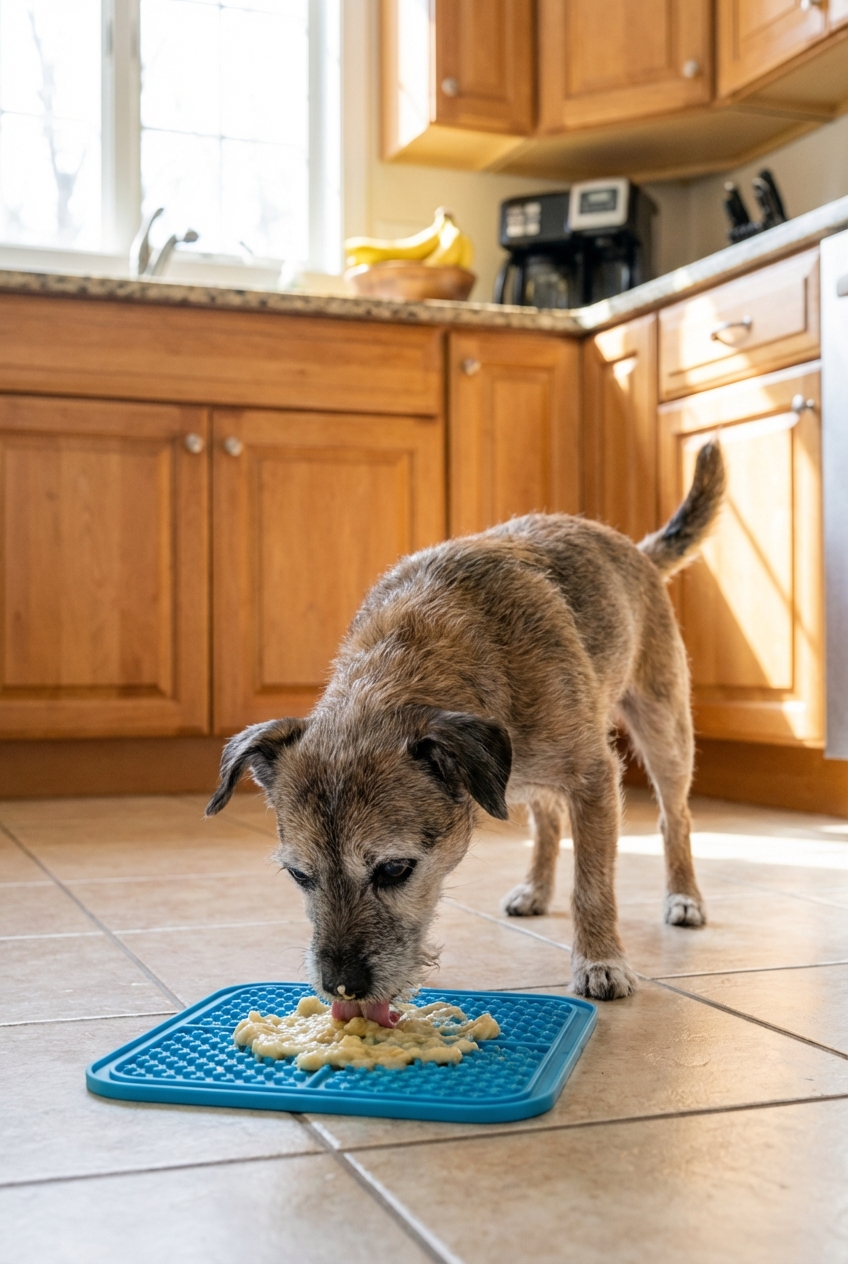 An older small dog licking mashed banana from a silicone lick mat in a bright kitchen