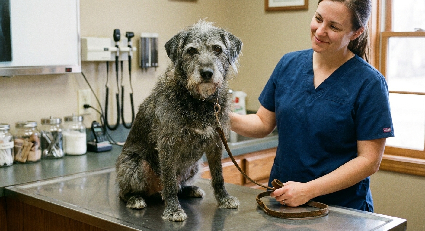 An older small mixed-breed dog sitting calmly on an exam table while a veterinary technician gently holds the leash