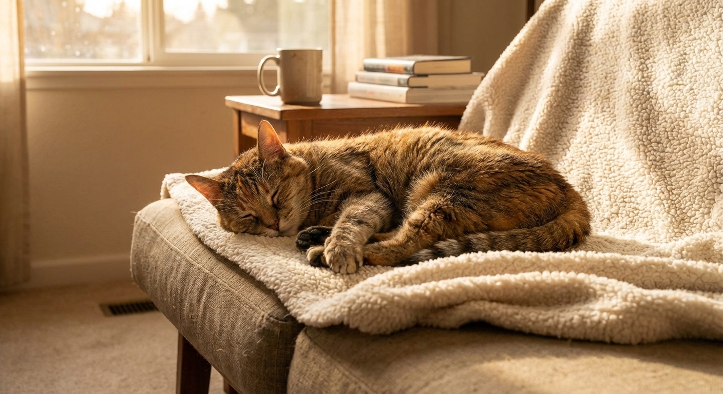 An older tabby cat resting on a soft blanket on a low couch, relaxed posture in warm indoor light, realistic photo