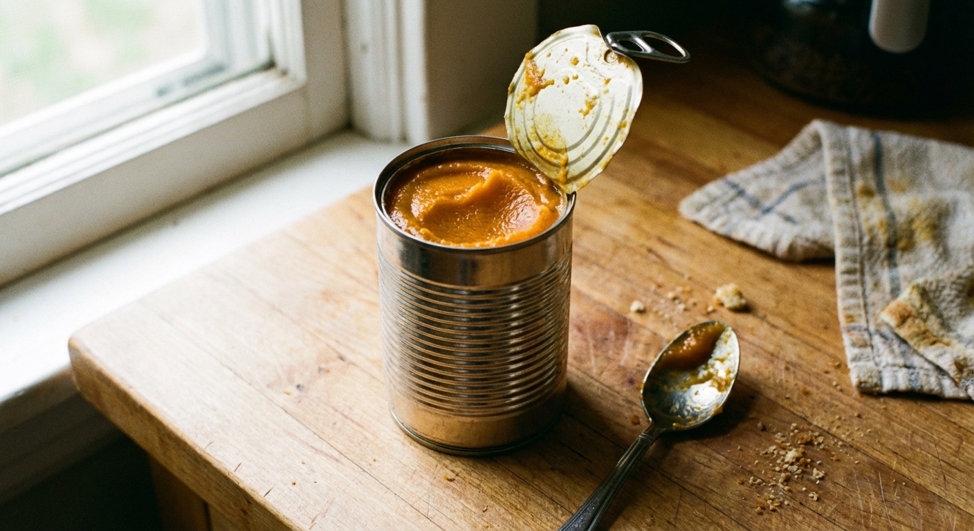 An open can of plain pumpkin puree on a kitchen counter with a spoon beside it, realistic photography