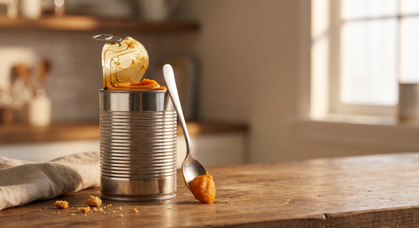 An open can of plain pumpkin puree on a kitchen counter next to a spoon, warm indoor lighting, realistic food photography