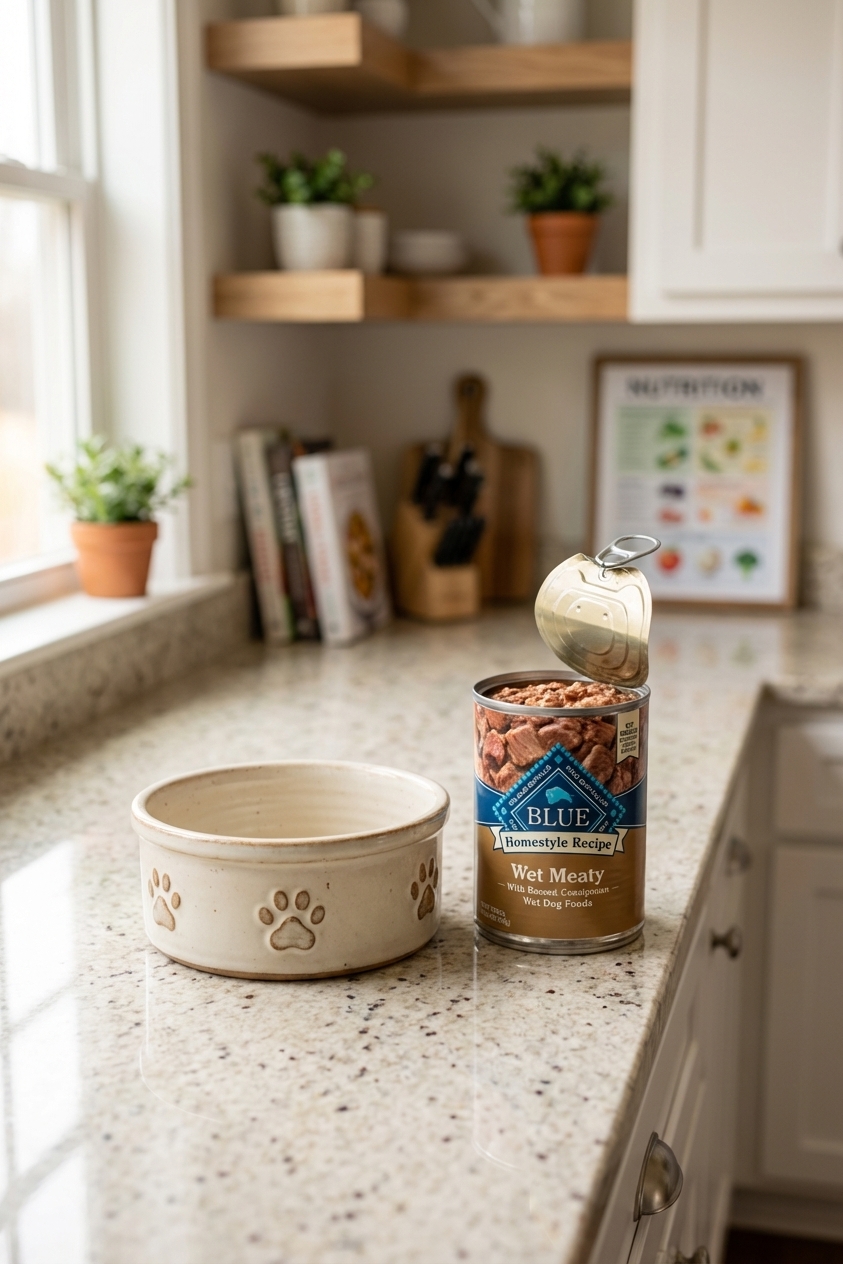 An open can of wet dog food next to a ceramic dog bowl on a countertop, soft natural window light, realistic kitchen scene