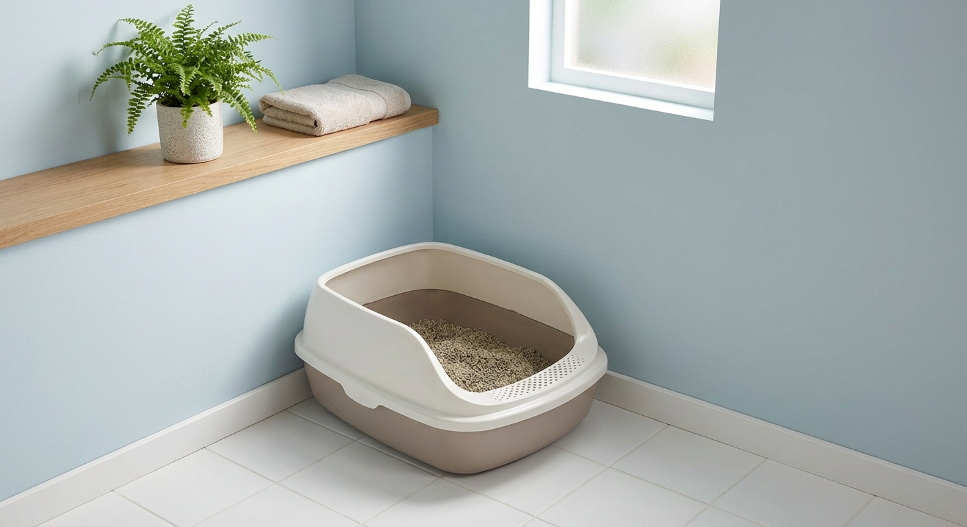 An open litter box placed in a calm corner of a bathroom away from food and water bowls