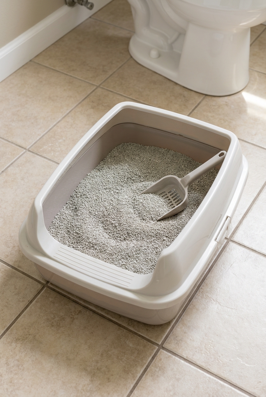 An open litter box with a low entry and unscented litter on a bathroom tile floor