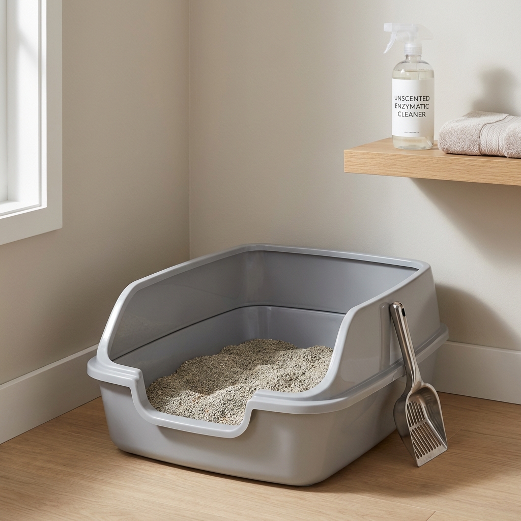 An open low-entry litter box with a scoop and an unscented enzymatic cleaner on a nearby shelf