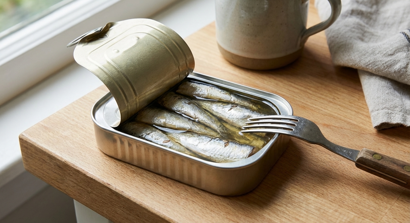 An open tin of sardines in water with a fork resting on the edge on a simple kitchen countertop, photorealistic