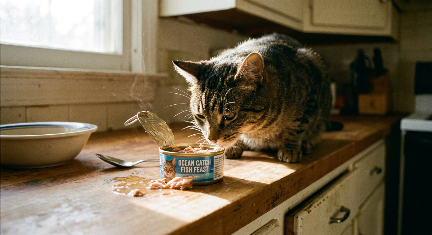 An opened can of fish-based cat food on a countertop with a curious cat sniffing nearby