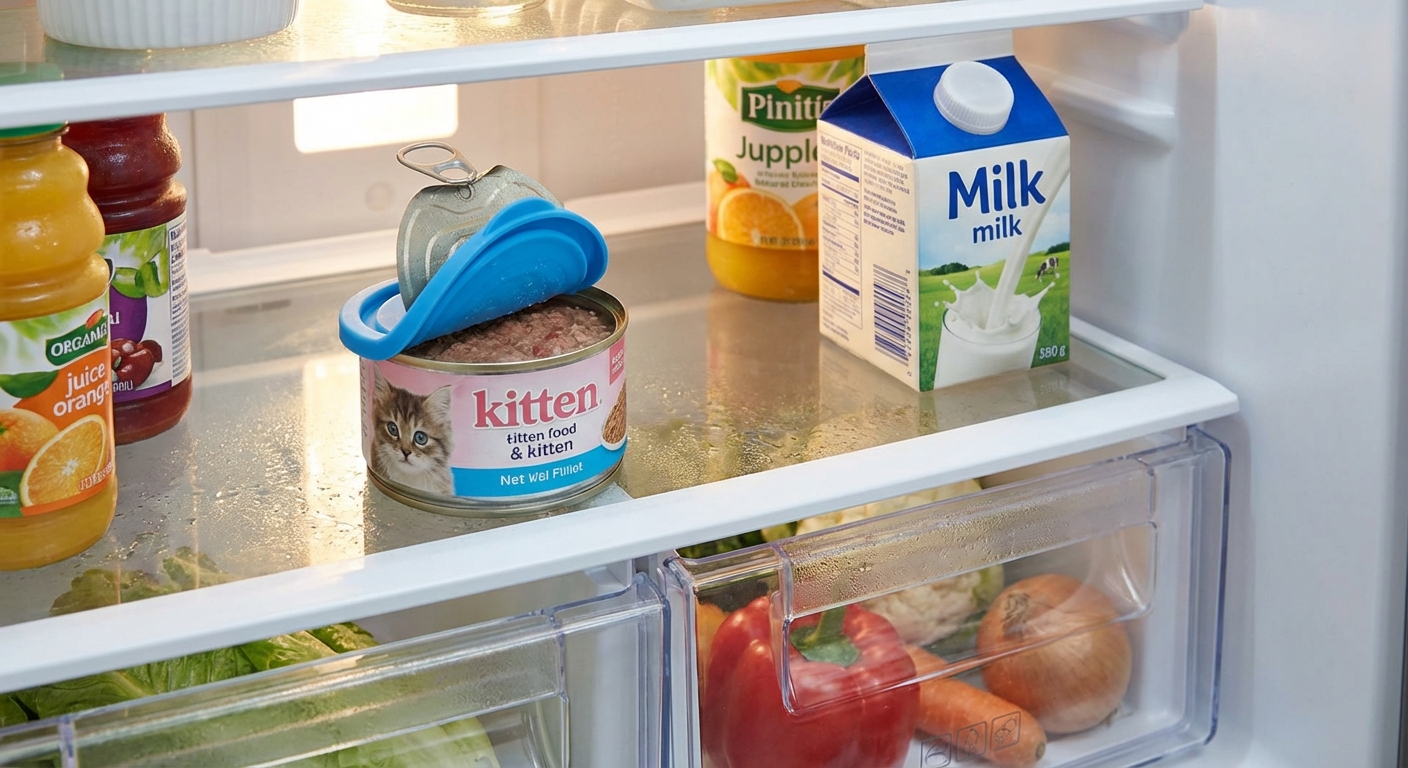 An opened can of kitten food covered with a silicone lid inside a refrigerator