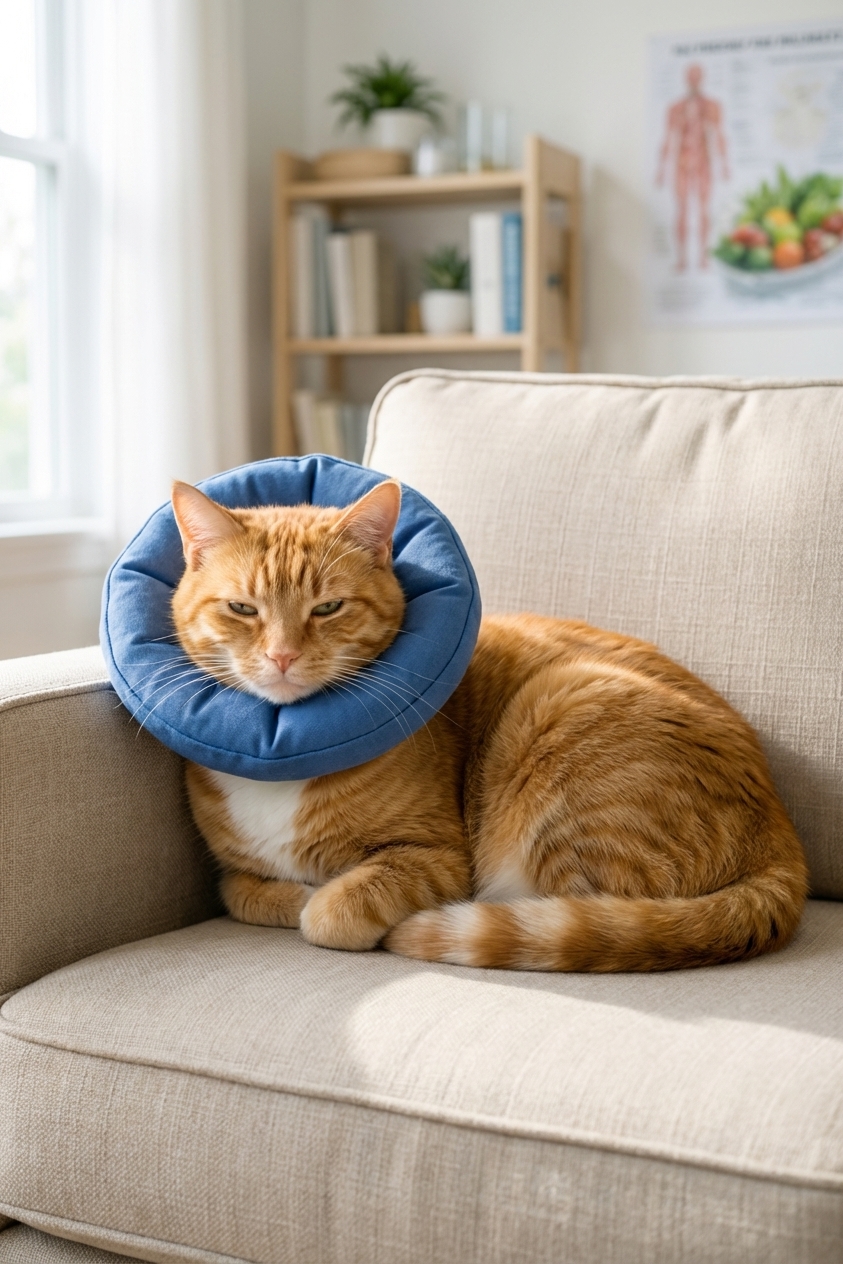 An orange cat resting on a couch at home while wearing a soft recovery collar, calm indoor natural light