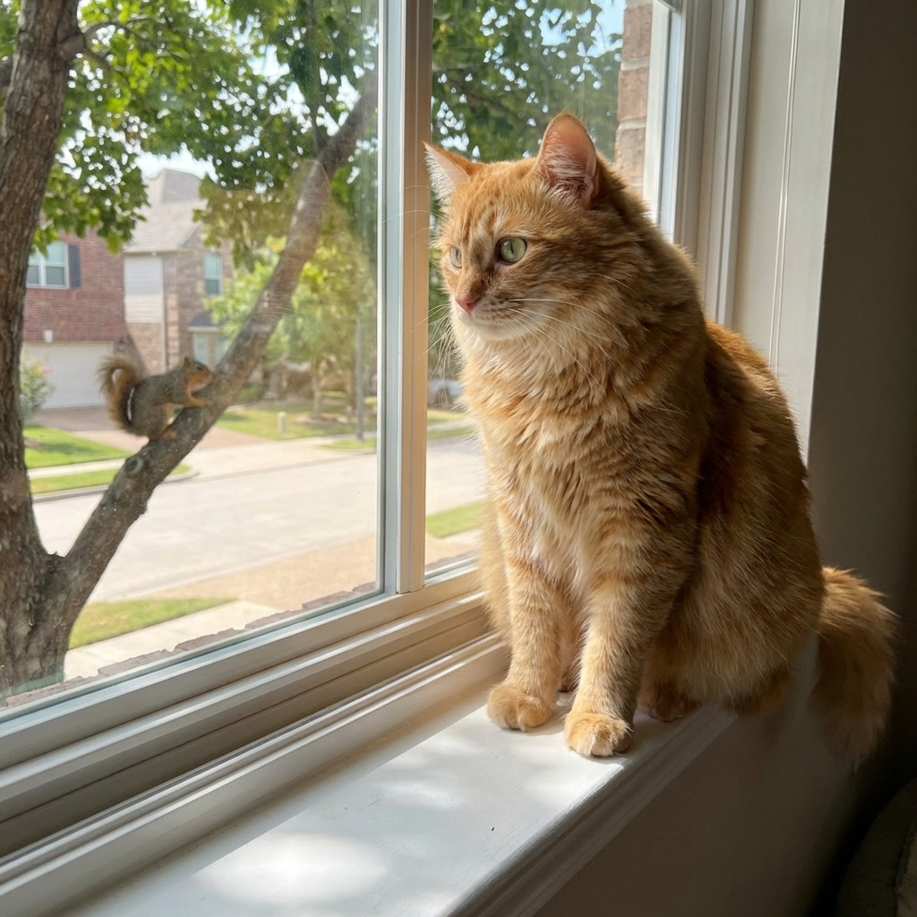 An orange cat sitting on a windowsill staring at something outside on a sunny day