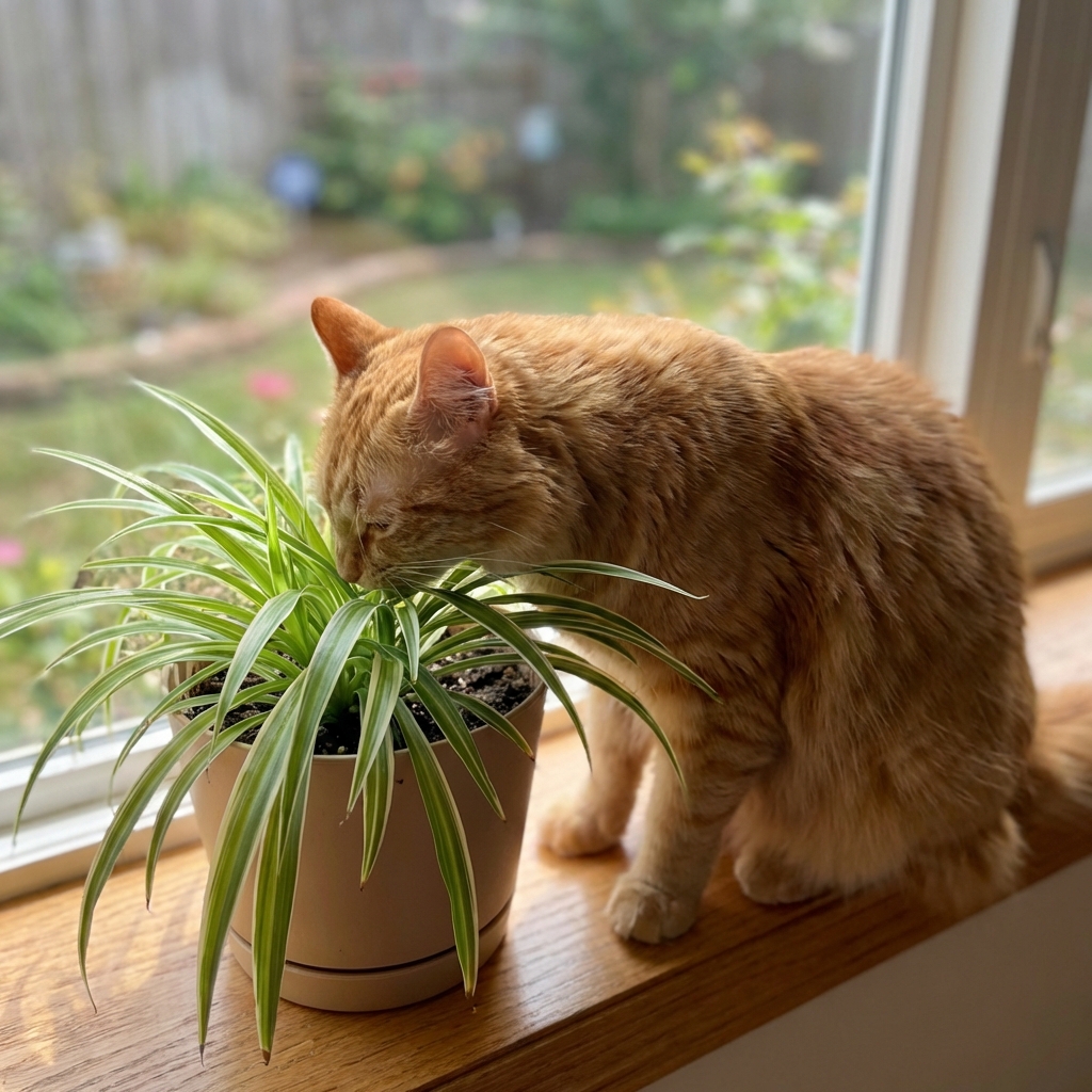 An orange cat sniffing a houseplant on a windowsill