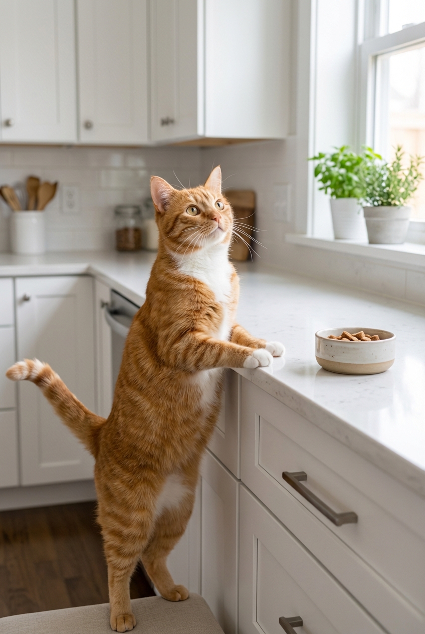 An orange cat standing on hind legs reaching toward a kitchen counter