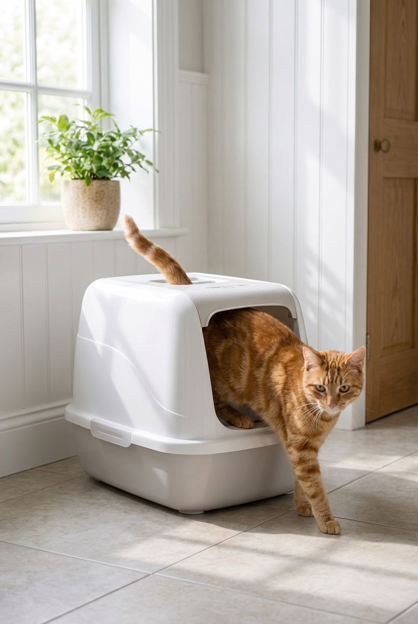 An orange cat stepping into a litter box in a quiet corner of a home