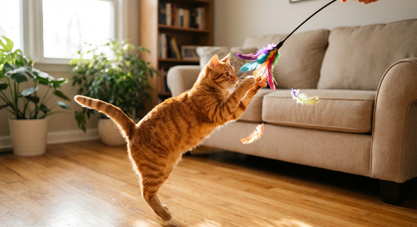 An orange tabby cat playing with a feather wand toy in a living room